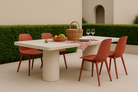 Mesa de comedor de microcemento grande en terraza