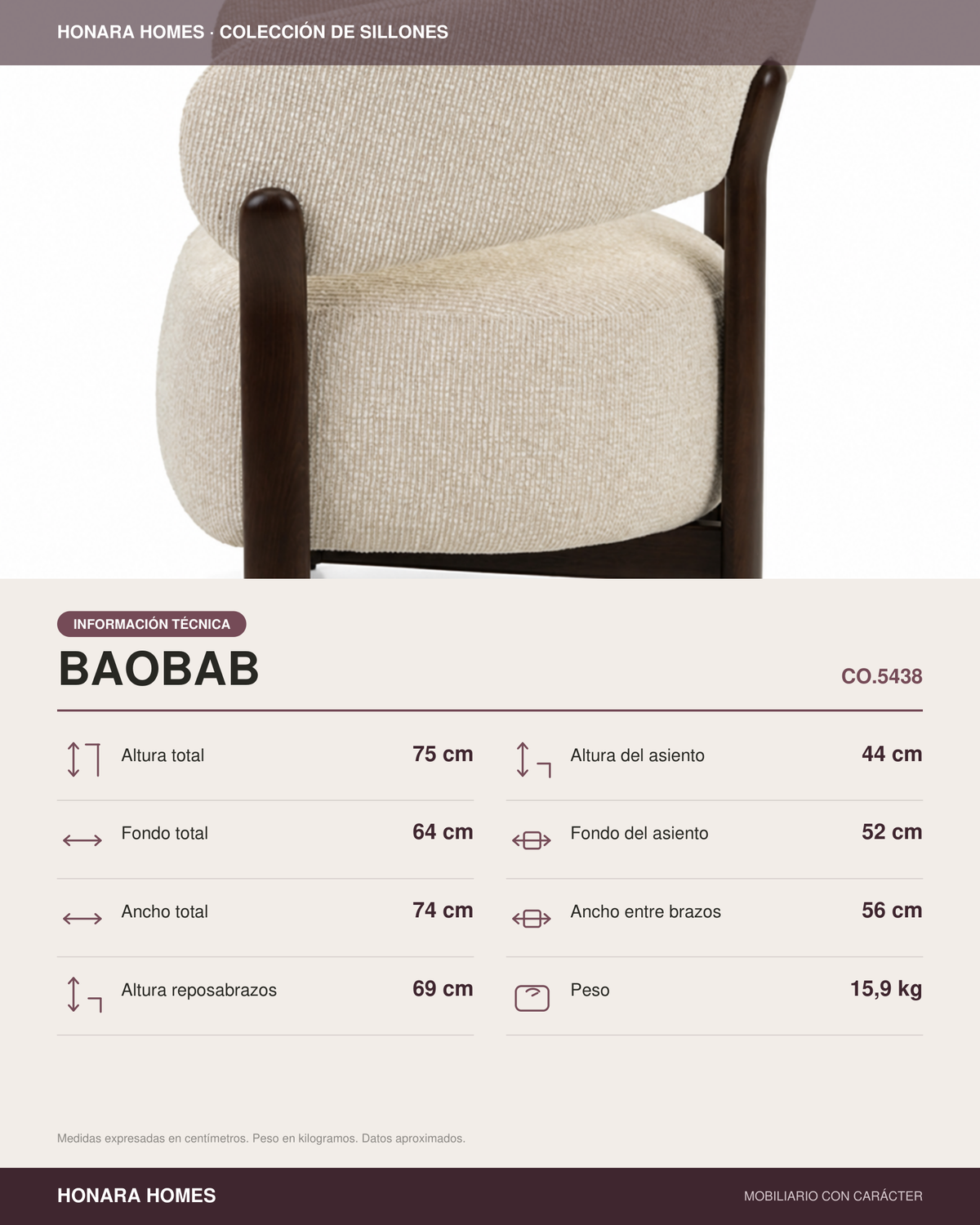 Sillón Baobab con respaldo tapizado y estructura de madera
