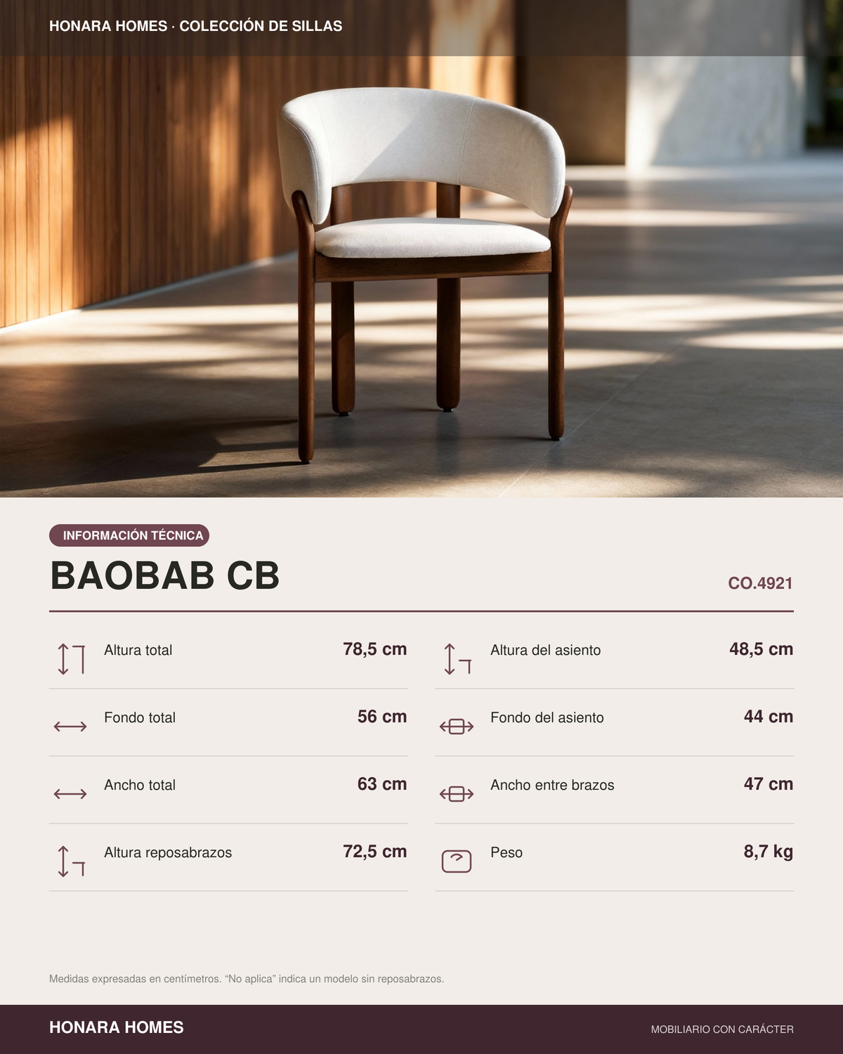 Ficha técnica de la silla Baobab CB de Honara Homes: medidas y peso.