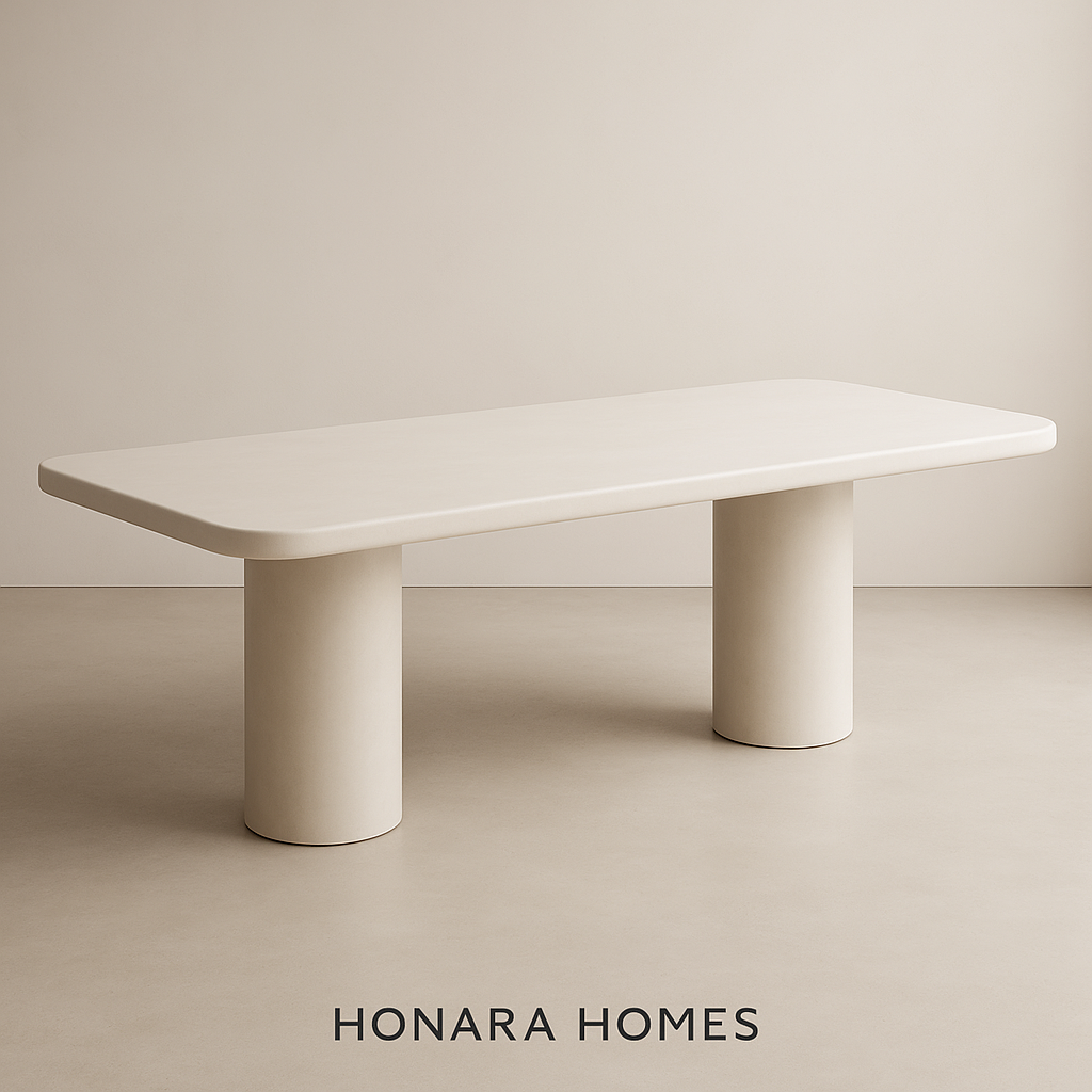 mesa larga de microcemento blanca
