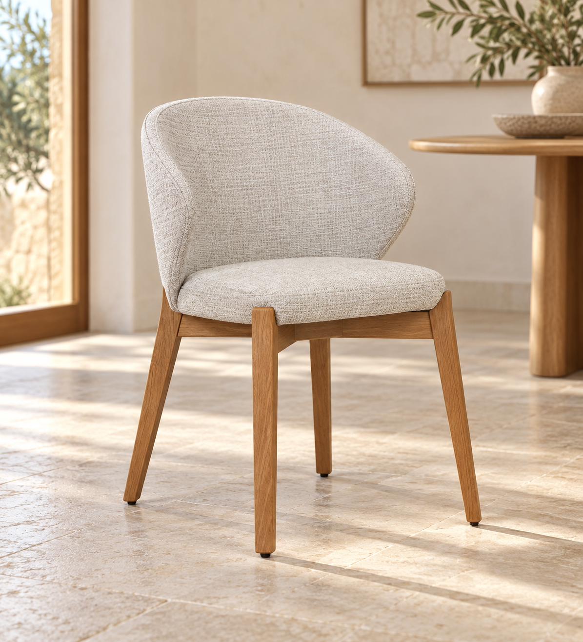 Silla Alba CB, madera tono medio, asiento tapizado, ambiente