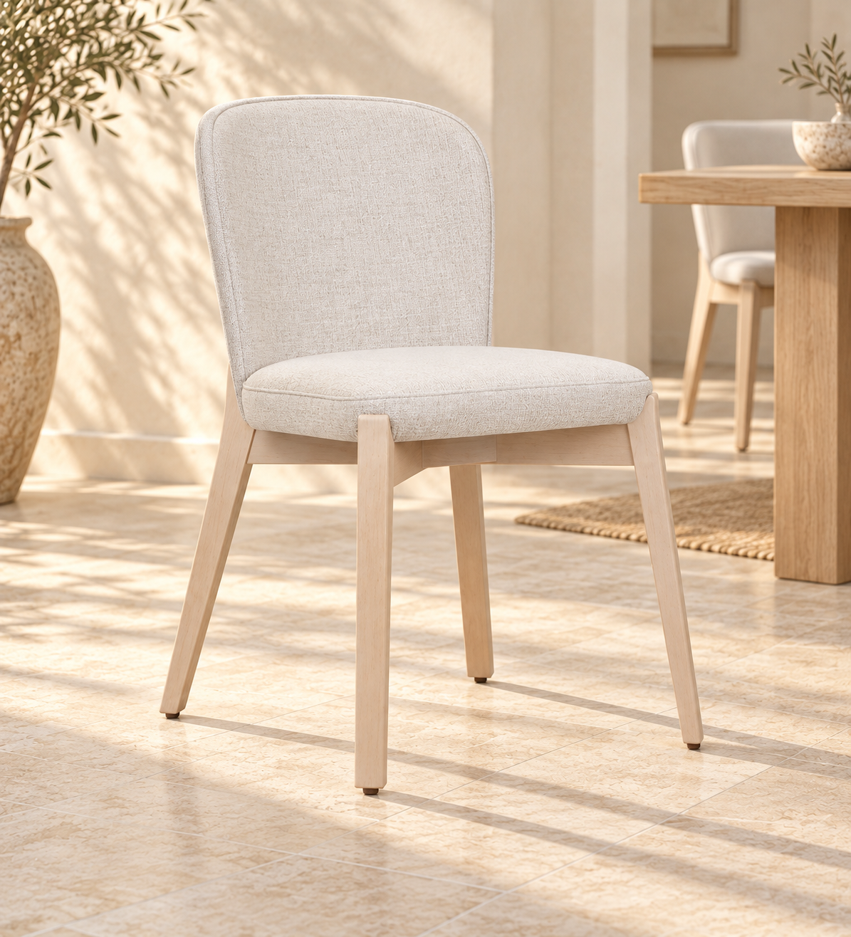 Silla Alba sin brazos, madera de haya tono medio, asiento tapizado, vista ambiente