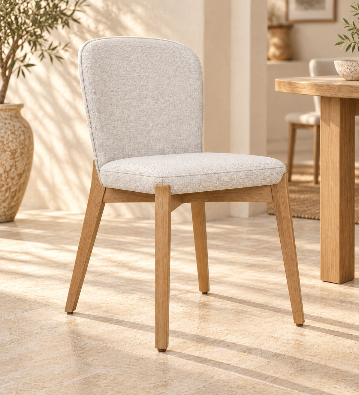 Silla Alba sin brazos, madera de haya tono medio, asiento tapizado, vista ambiente