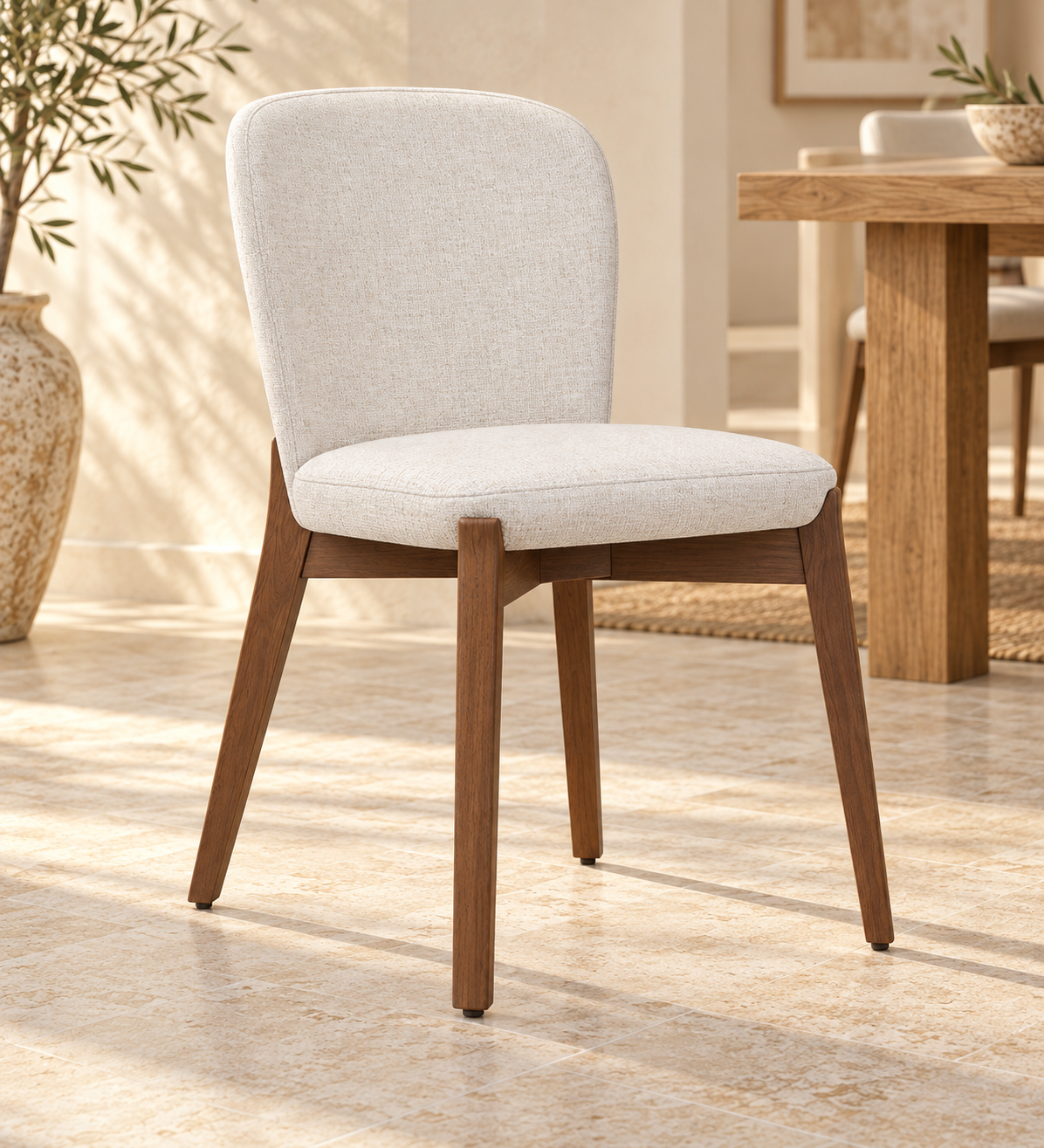Silla Alba sin brazos, madera de haya tono medio, asiento tapizado, vista ambiente