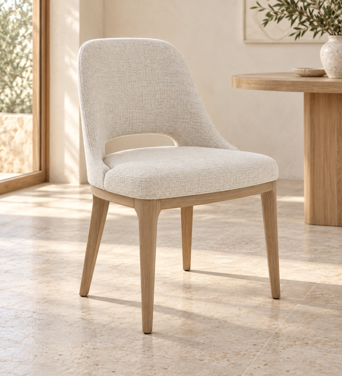 Silla Aura, madera medio, asiento tapizado, vista ambiente