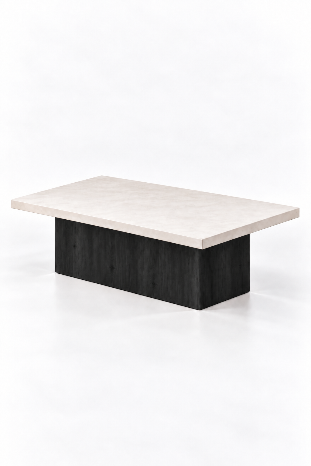 Mesa de centro Cáceres Roots con tablero de microcemento blanco roto y base de pino macizo en tono negro mate, fotografía vertical