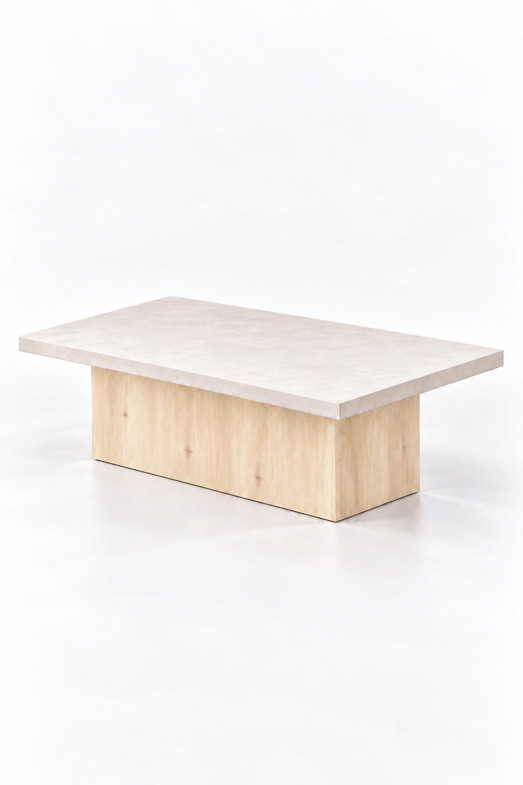 Mesa de centro Cáceres Roots con tablero de microcemento blanco roto y base de pino macizo en tono pino claro, fotografía vertical