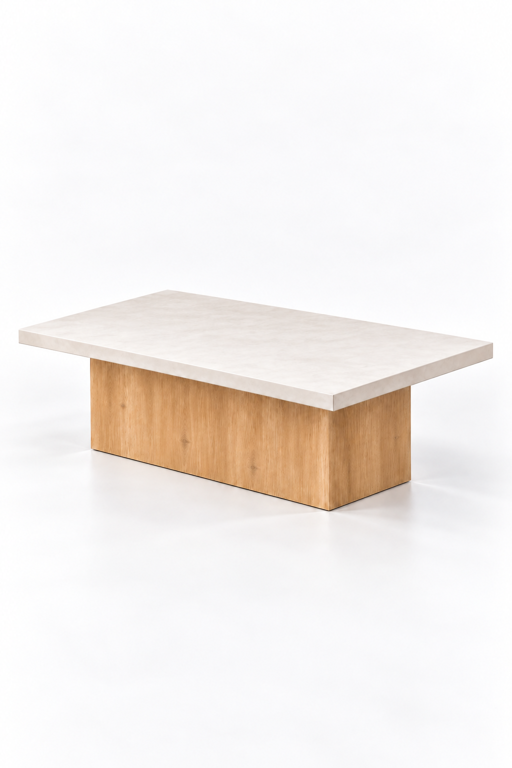 Mesa de centro Cáceres Roots con tablero de microcemento blanco roto y base de pino macizo en tono roble, fotografía vertical