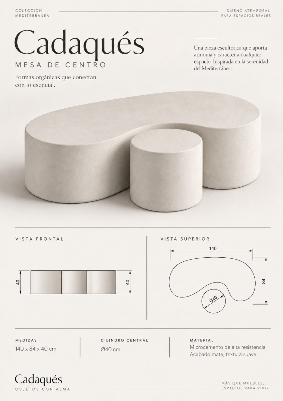 Conjunto de mesas Cadaqués en microcemento blanco roto en un salón de inspiración mediterránea.