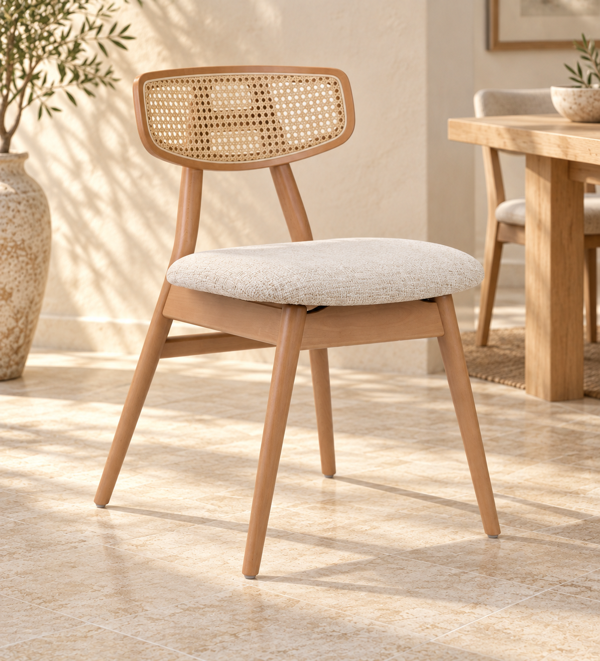 Silla Cala en madera de haya, tono medio, asiento tapizado, vista ambiente