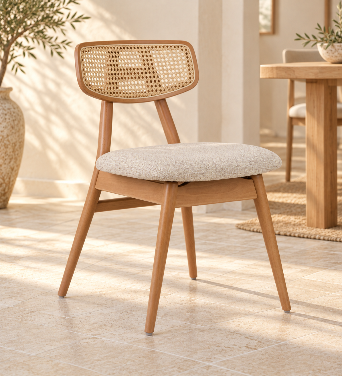 Silla Cala en madera de haya, tono medio, asiento tapizado, vista ambiente