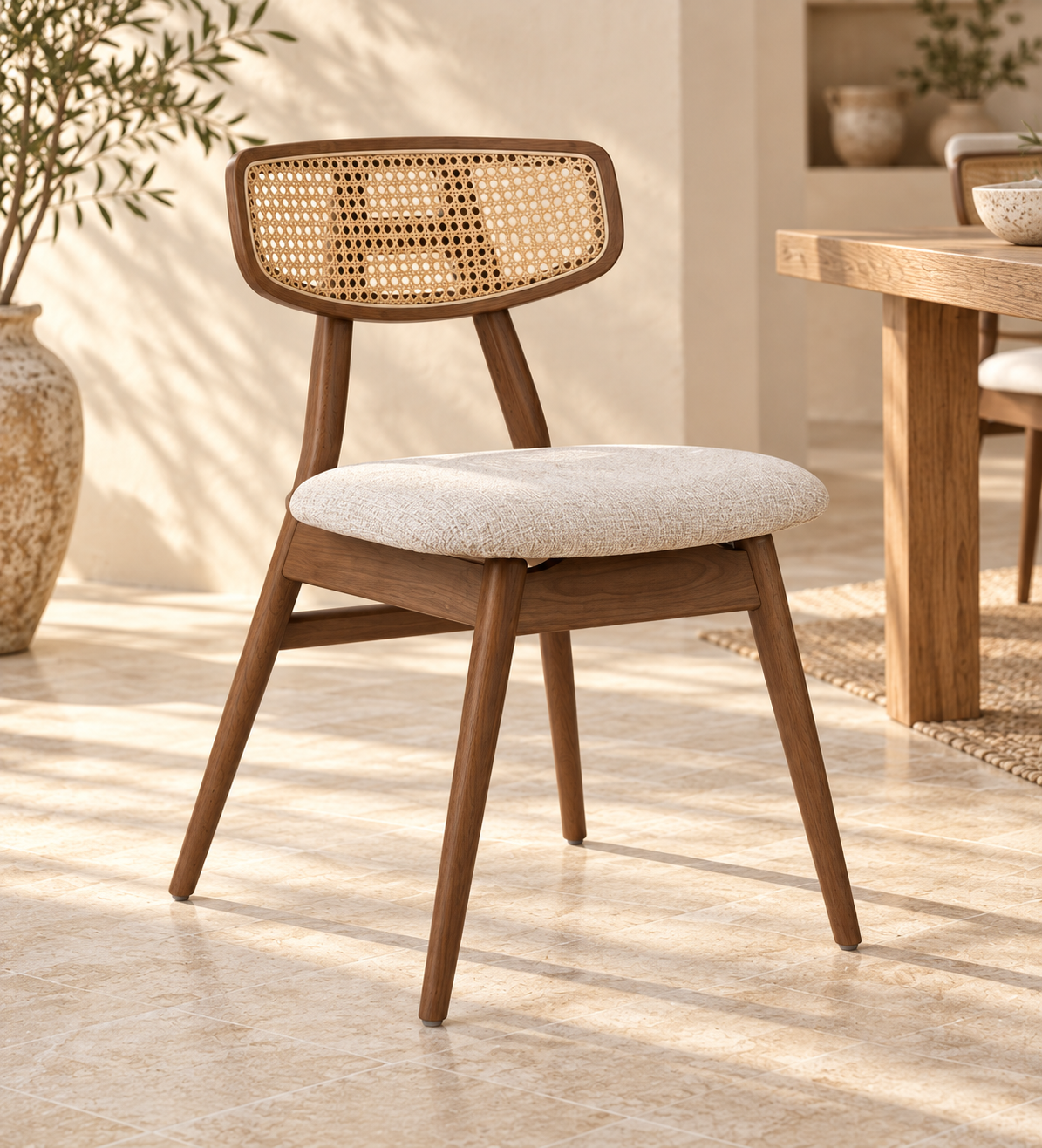 Silla Cala en madera de haya, tono medio, asiento tapizado, vista ambiente