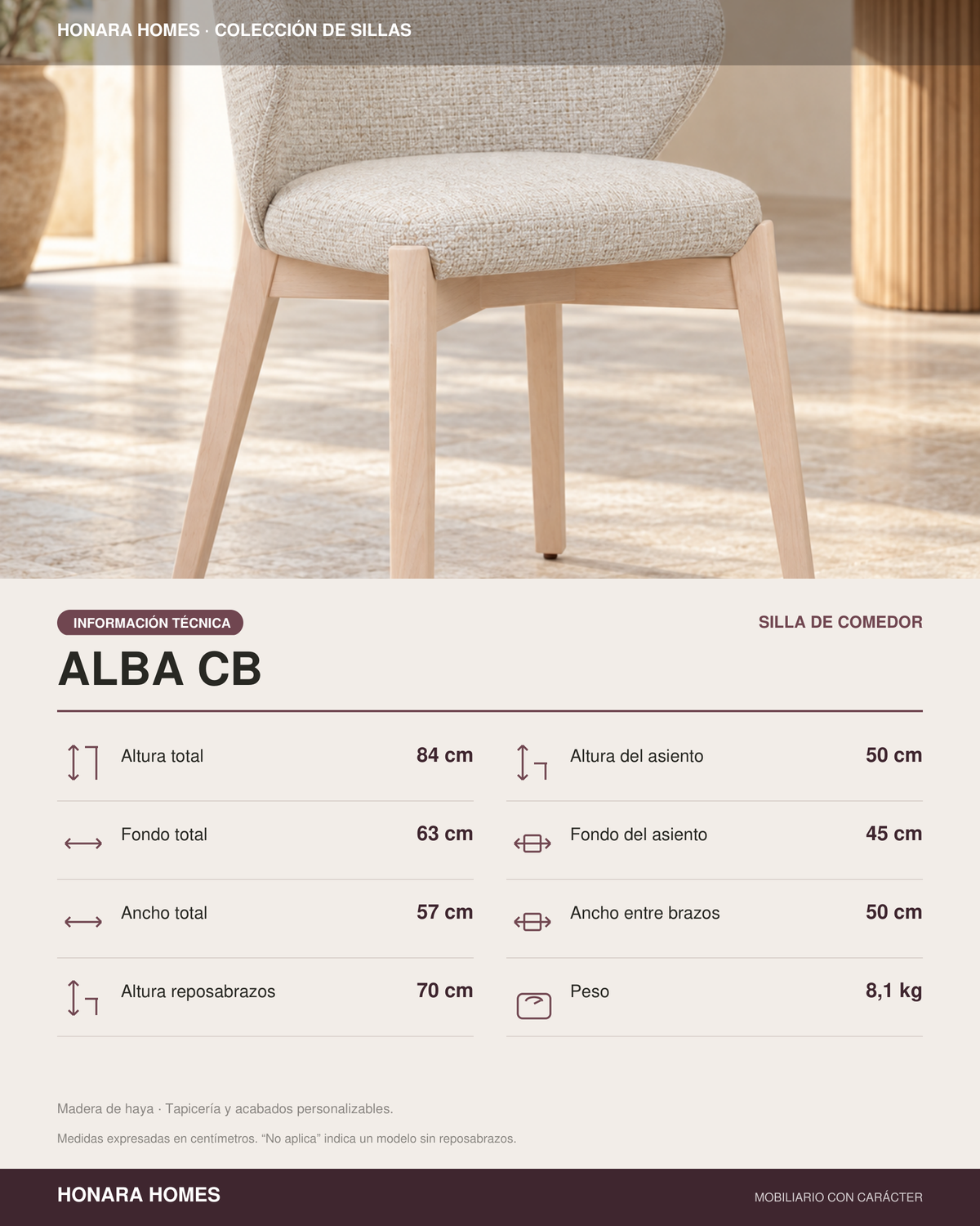 Silla Alba CB, madera tono medio, asiento tapizado, ambiente