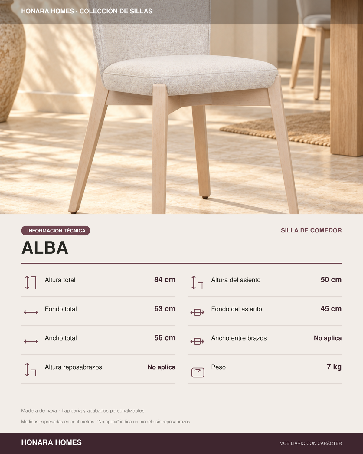 Silla Alba sin brazos, madera de haya tono medio, asiento tapizado, vista ambiente