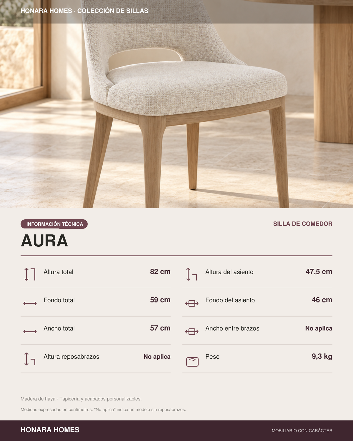 Silla Aura, madera medio, asiento tapizado, vista ambiente