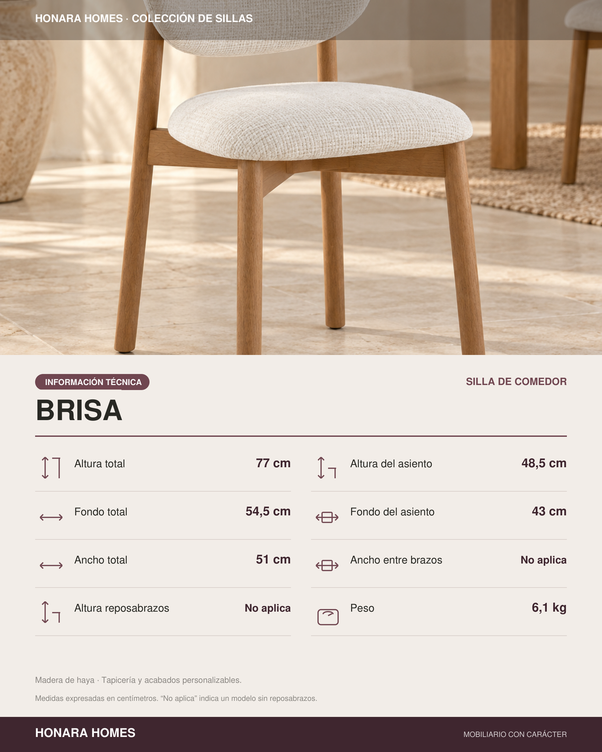 Silla Brisa, madera medio, asiento tapizado, vista ambiente