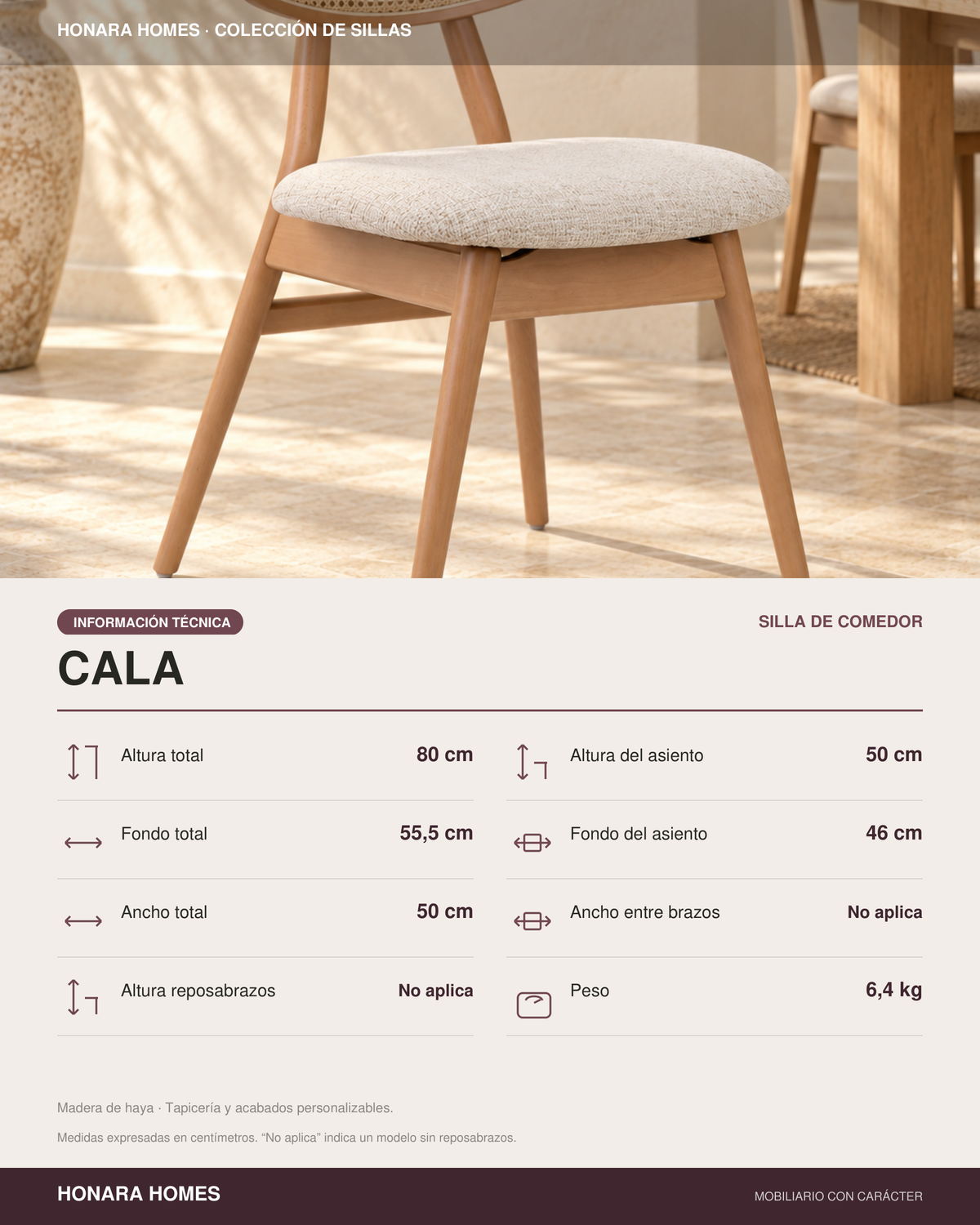 Silla Cala en madera de haya, tono medio, asiento tapizado, vista ambiente