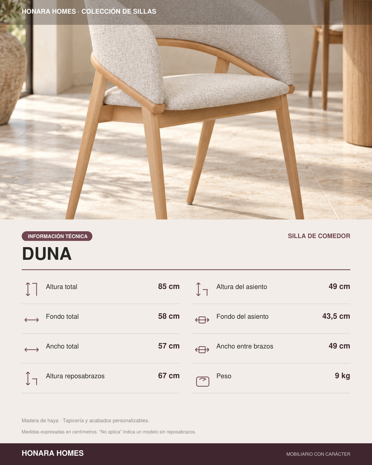 Silla Duna, madera medio, asiento tapizado, vista ambiente