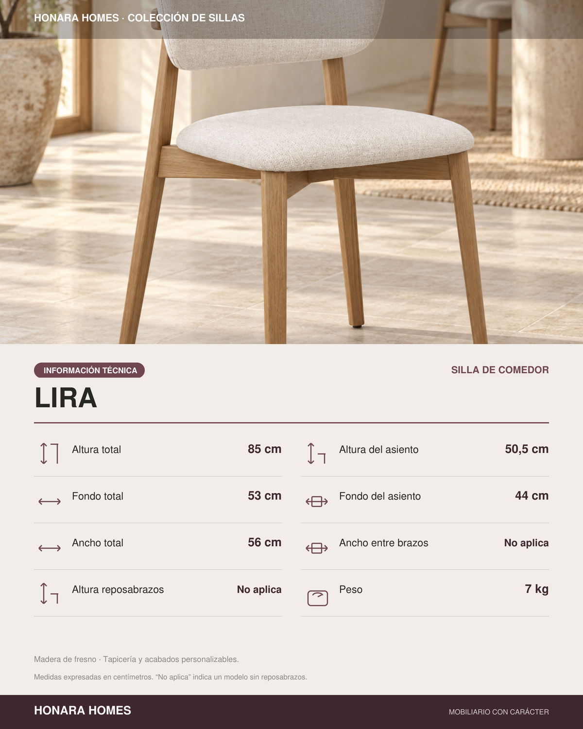 Silla Lira, madera medio, asiento tapizado, vista ambiente