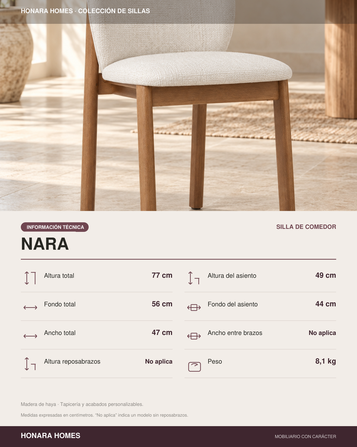 Silla Nara, madera medio, asiento tapizado, vista ambiente
