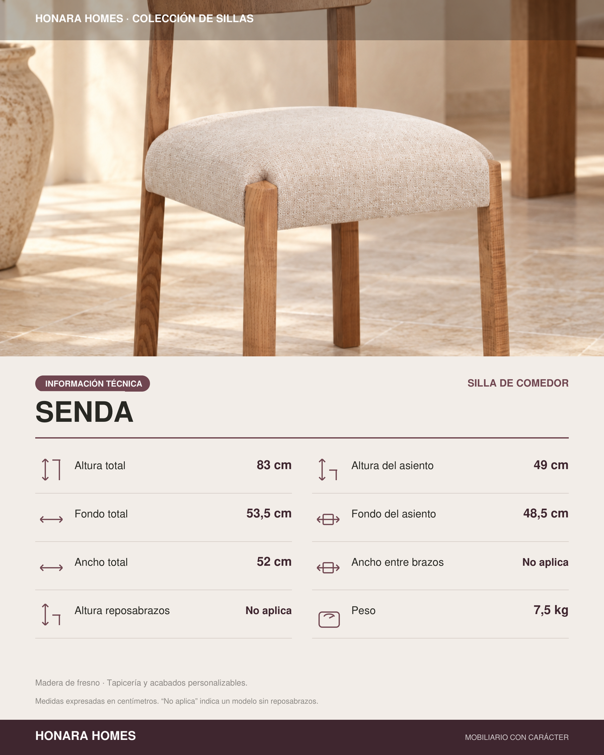 Silla Senda, madera medio, asiento tapizado, vista ambiente