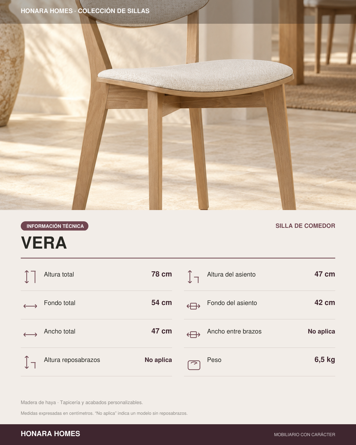 Silla Vera en madera de haya, tono medio, asiento tapizado, vista ambiente