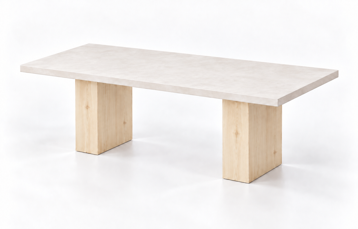 Mesa Ibiza Roots con tablero de microcemento blanco roto y patas de pino macizo en tono roble, vista en perspectiva