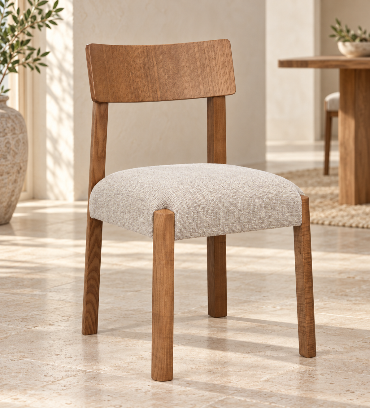 Silla Senda, madera medio, asiento tapizado, vista ambiente