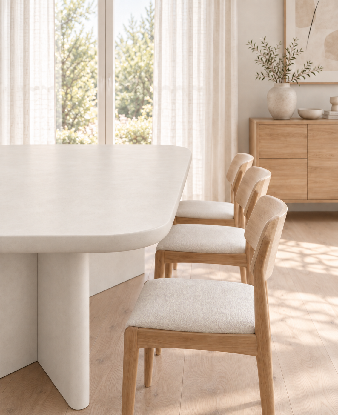 Mesa de comedor Valencia de microcemento blanco roto en un comedor luminoso, vista en perspectiva