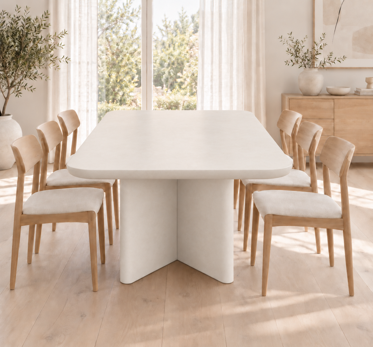 Mesa de comedor Valencia de microcemento blanco roto en un comedor luminoso, vista en perspectiva