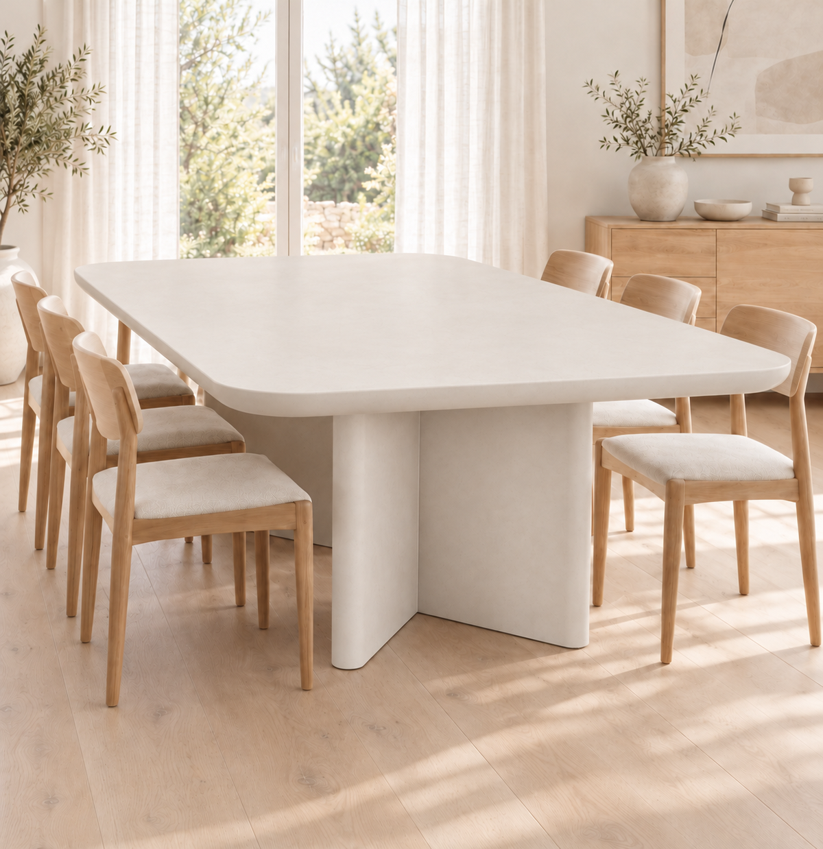 Mesa de comedor Valencia de microcemento blanco roto en un comedor luminoso, vista en perspectiva