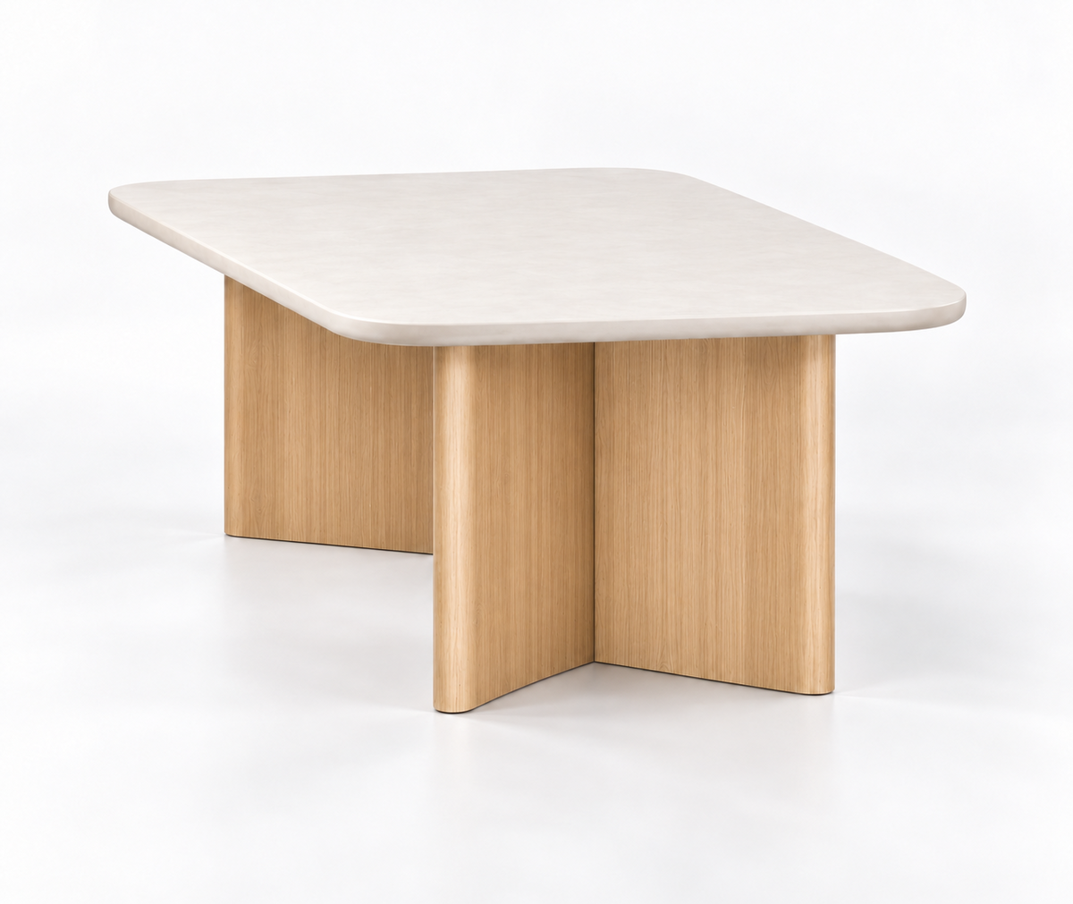 Mesa de comedor Valencia Roots con tablero de microcemento blanco roto y patas de pino macizo en tono roble, vista en perspectiva