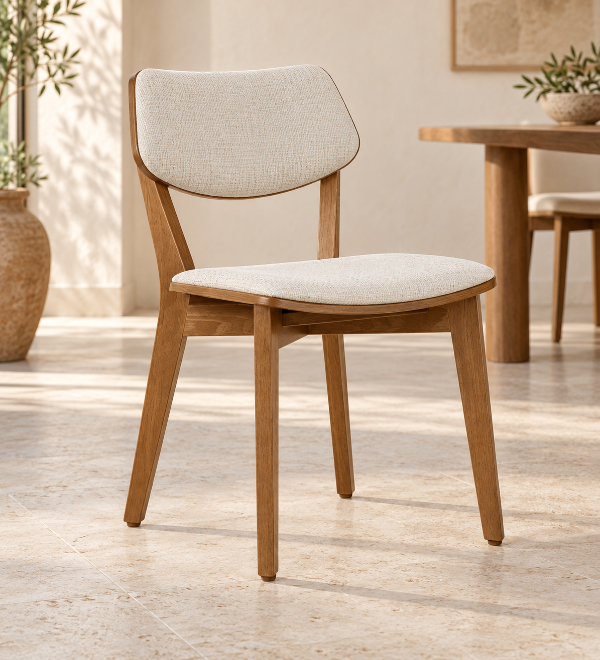 Silla Vera en madera de haya, tono medio, asiento tapizado, vista ambiente